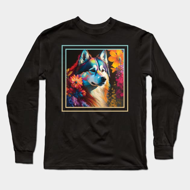 Angelic Siberian Husky Floral Tropical Digital Oil Painting Portrait Long Sleeve T-Shirt by ArtHouseFlunky